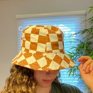 Urban Outfitters Brown and White Checkered Bucket Hat